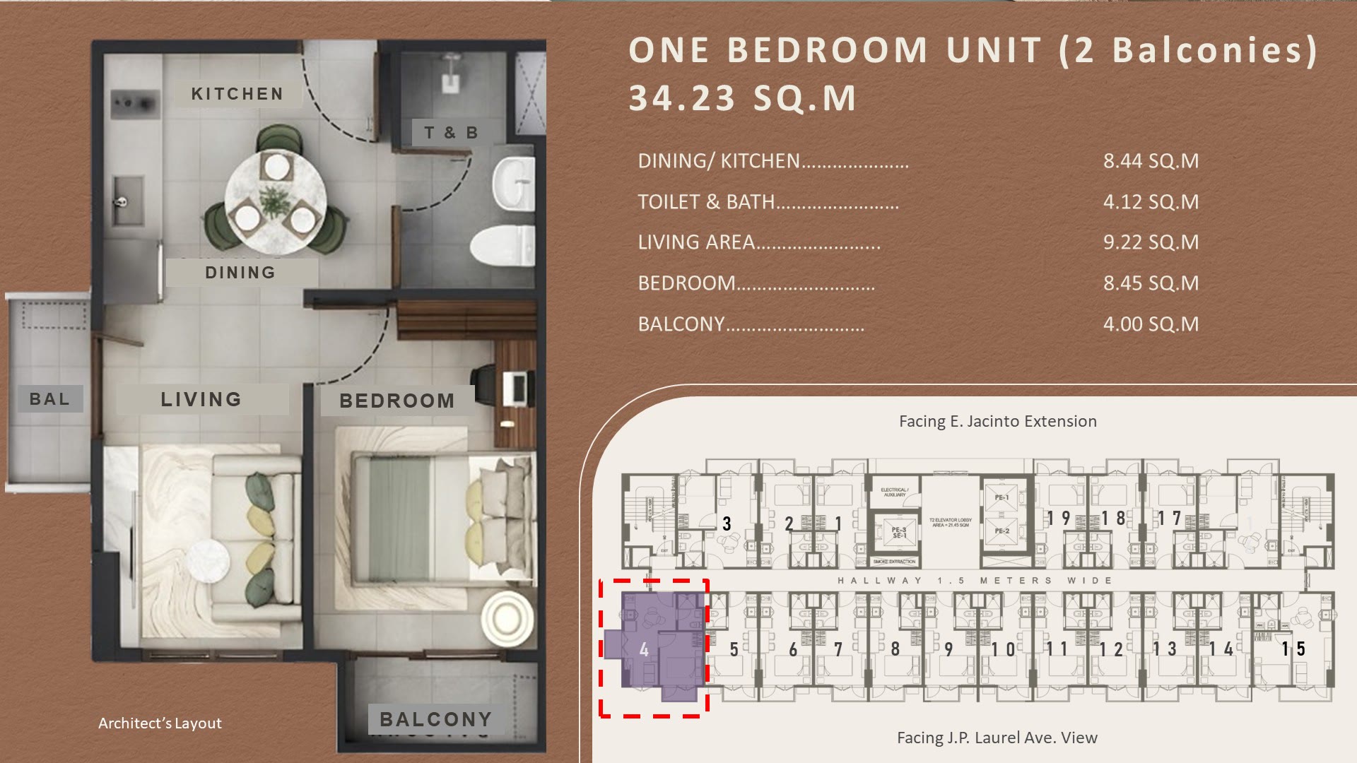 1-bedroom, 2 balconies floor plan, 34.23 sq m, Downtowne Premier Residences Tower 2