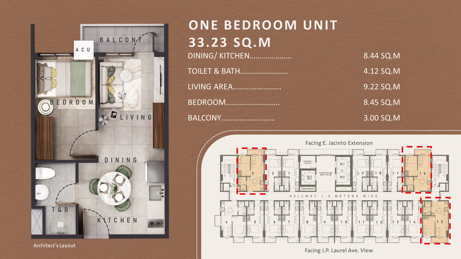 1-bedroom unit floor plan, 33.23 sq m, with separate bedroom, dining nook, and balcony