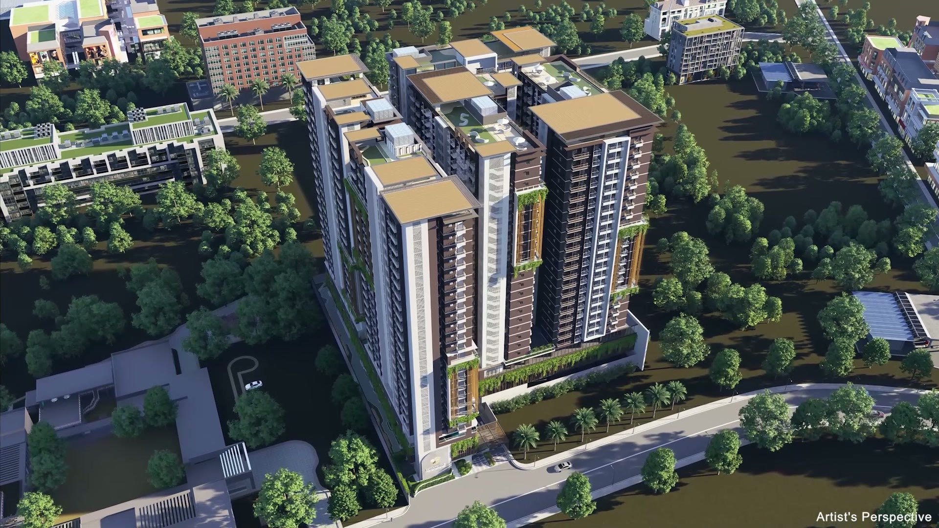 Aerial view — All five towers. Architect's perspective, Downtowne Premier Residences