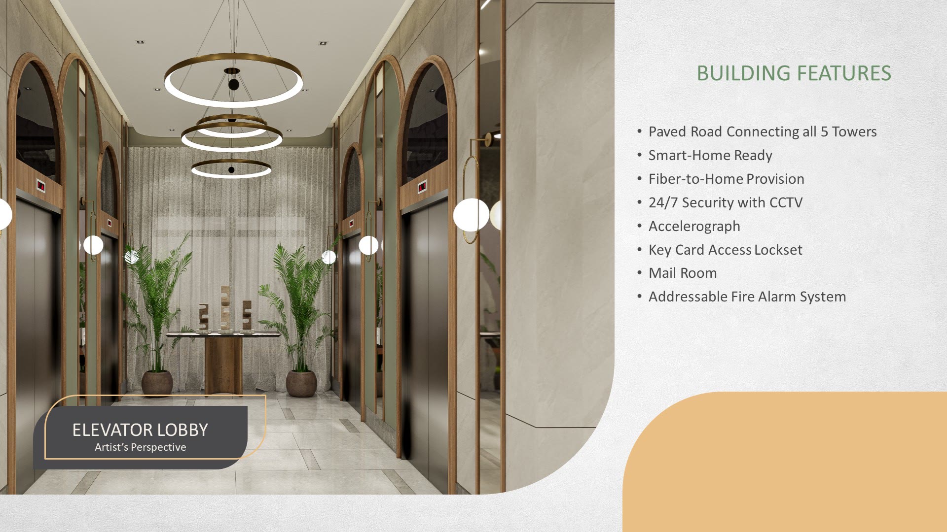 Elevator lobby with arched mirrors and ring chandeliers, beside the list of building features
