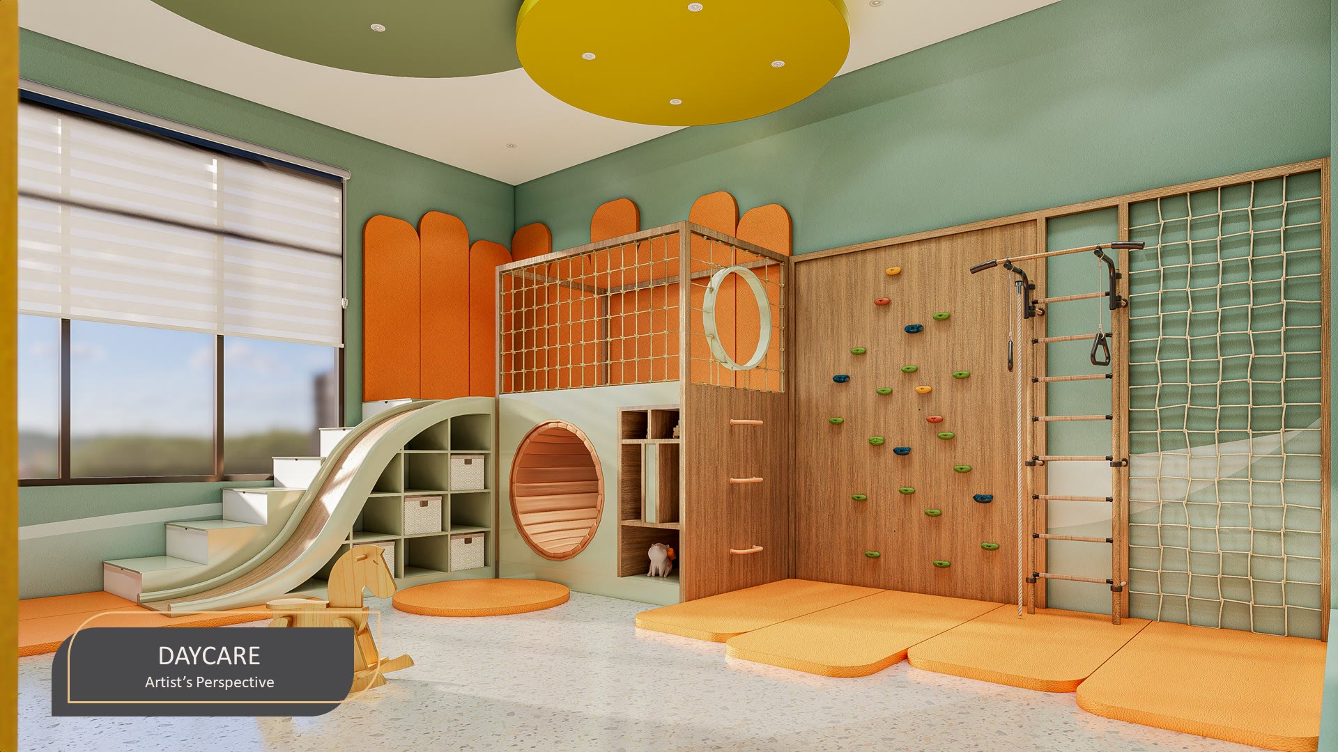 Daycare room with slide, climbing wall, and play mats on the amenity floor