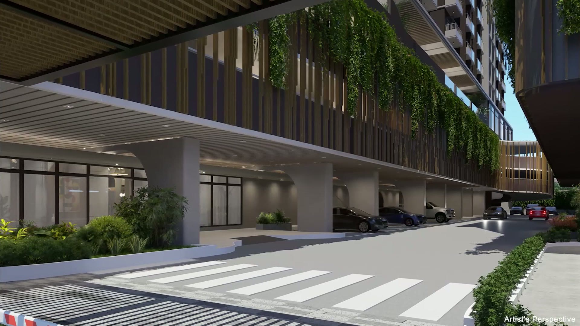 Drop-off — Covered driveway and parking. Architect's perspective, Downtowne Premier Residences