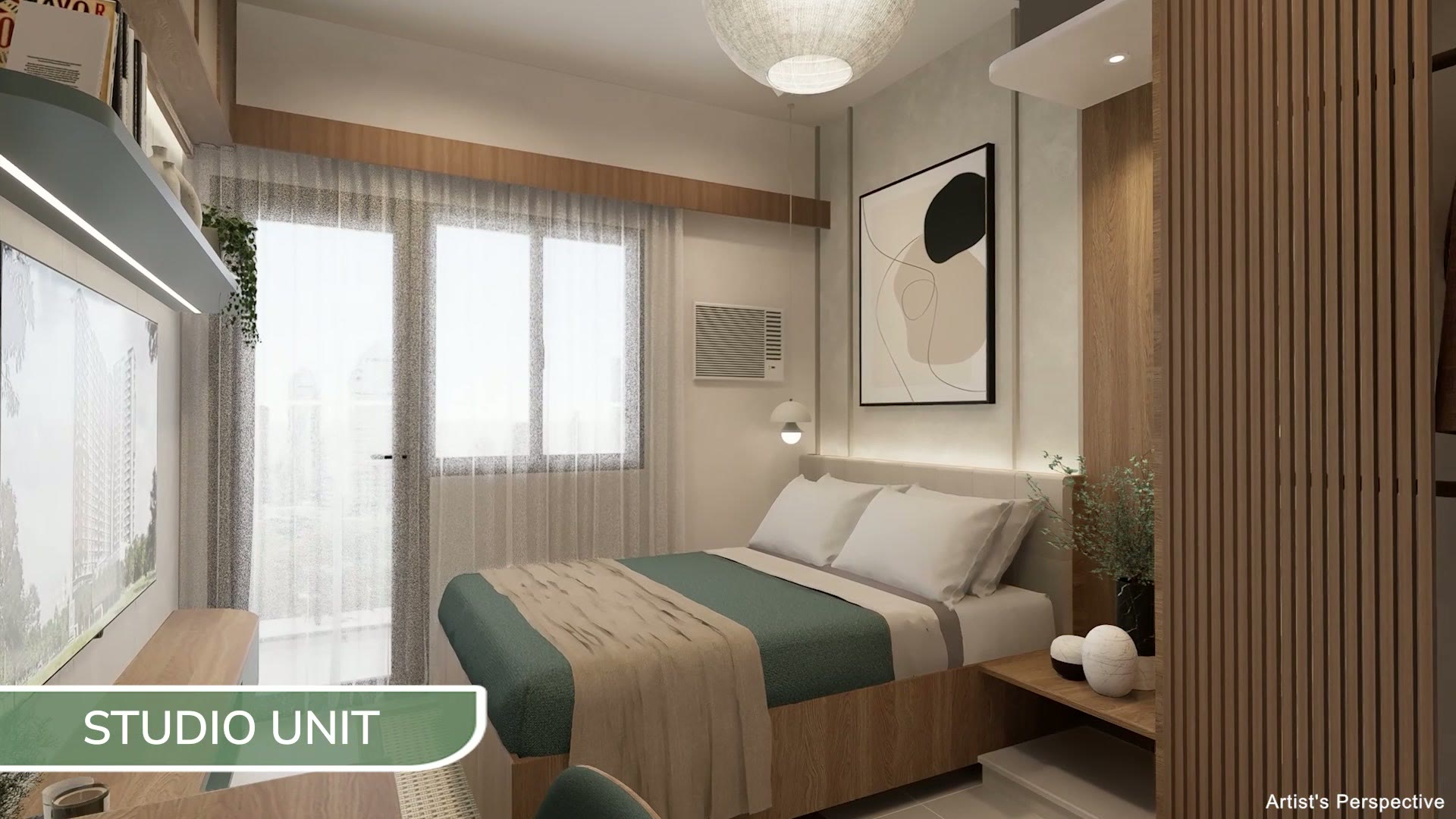 Studio unit — Bed area and balcony. Architect's perspective, Downtowne Premier Residences