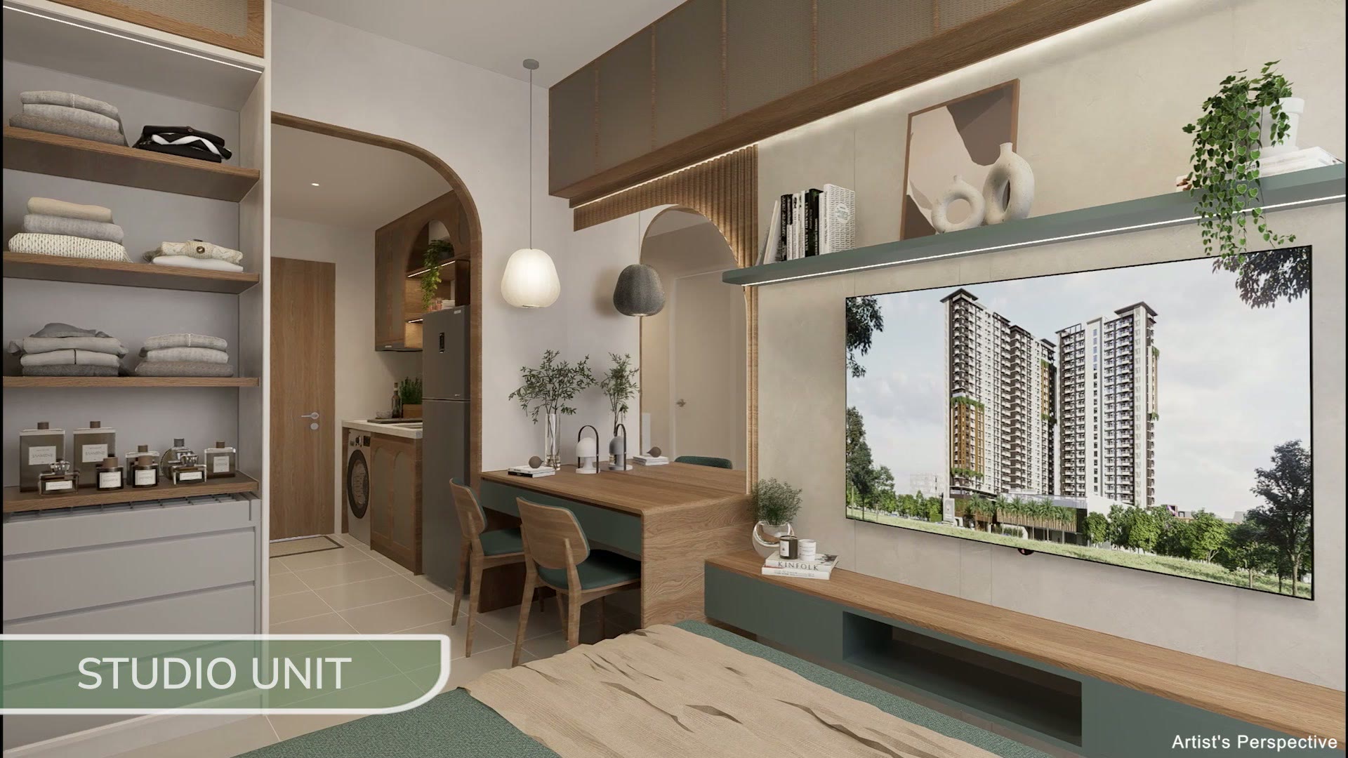 Studio unit with study desk, kitchenette, and wall-mounted TV at Downtowne Premier Residences
