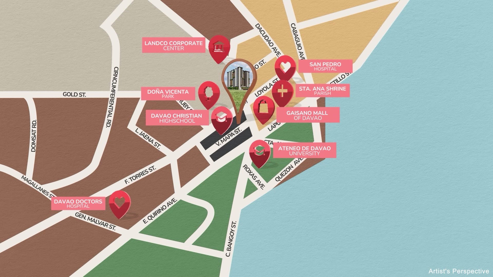 Vicinity map of Downtowne Premier Residences on V. Mapa St., showing Landco Corporate Center, San Pedro Hospital, Gaisano Mall, Ateneo de Davao University, Davao Doctors Hospital, and Davao Christian High School