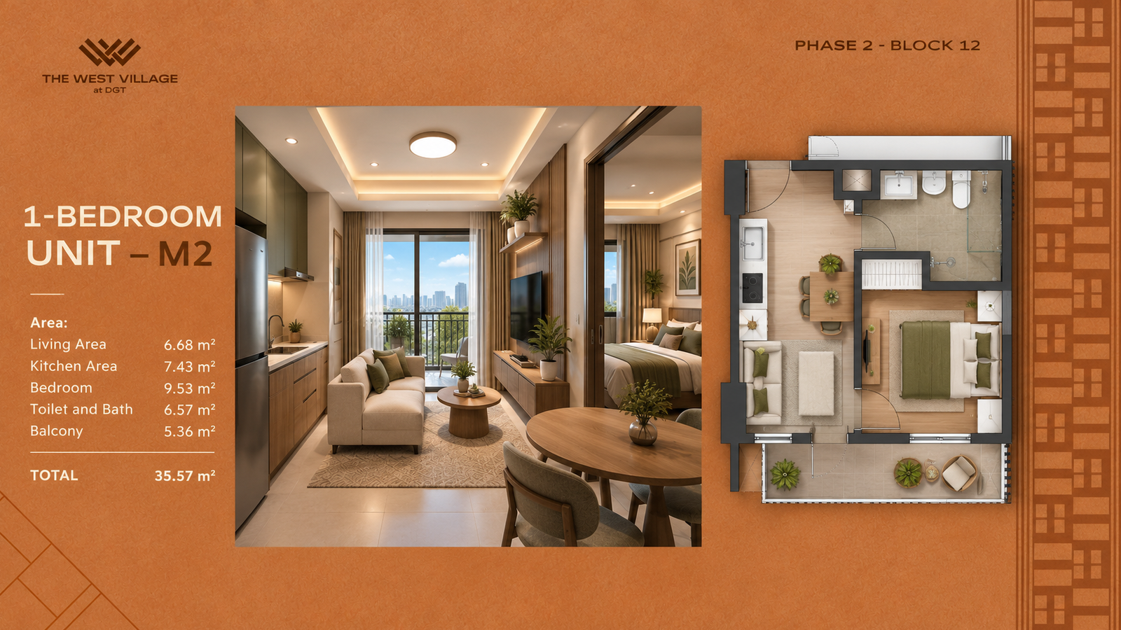 1-bedroom unit — M2 — Floor plan and unit areas. Architect's perspective, The West Village at DGT