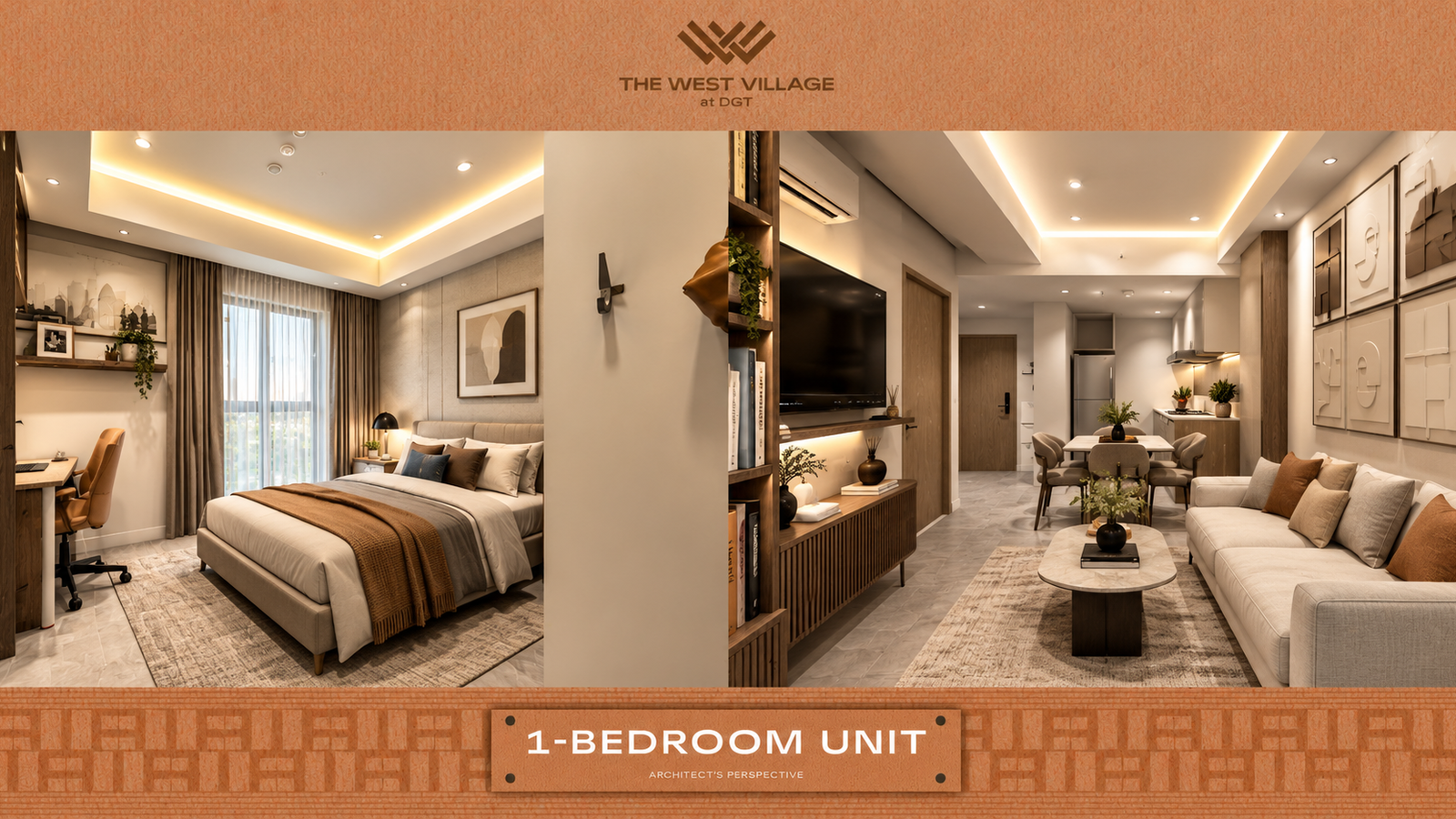 1-bedroom unit — Bedroom and living perspective. Architect's perspective, The West Village at DGT
