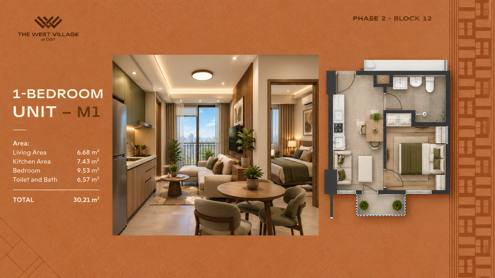 1-bedroom unit M1 at The West Village at DGT with floor plan and unit areas