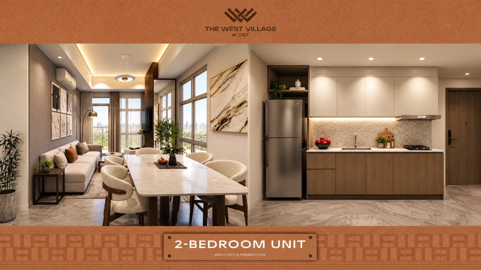 2-bedroom unit — Bedroom and living perspective. Architect's perspective, The West Village at DGT