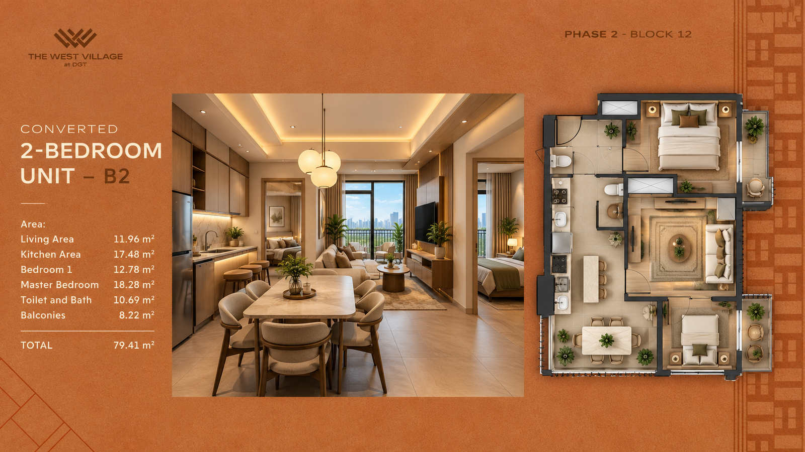 2-bedroom unit — B2 — Floor plan and unit areas. Architect's perspective, The West Village at DGT