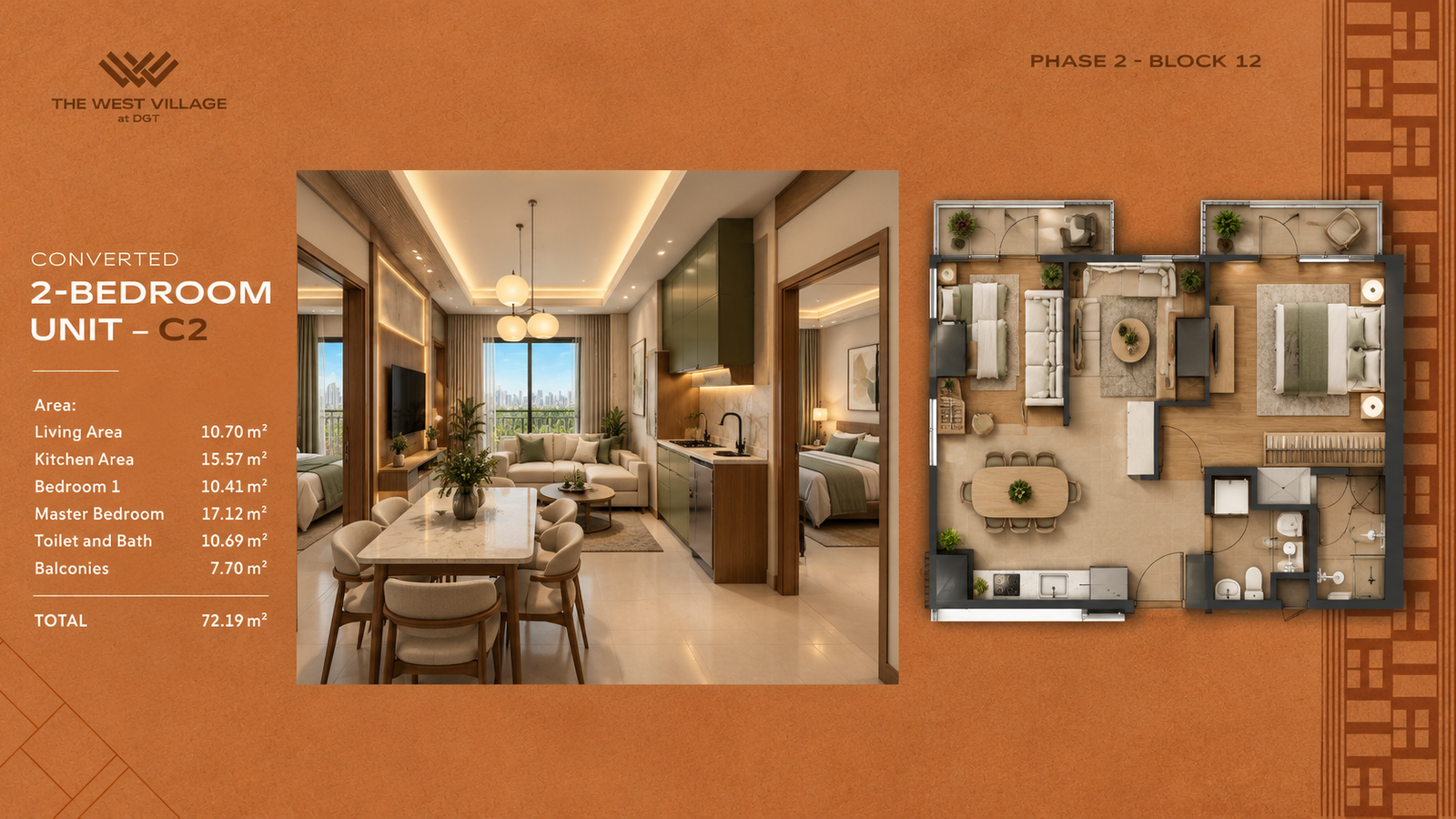 2-bedroom unit — C2 — Floor plan and unit areas. Architect's perspective, The West Village at DGT