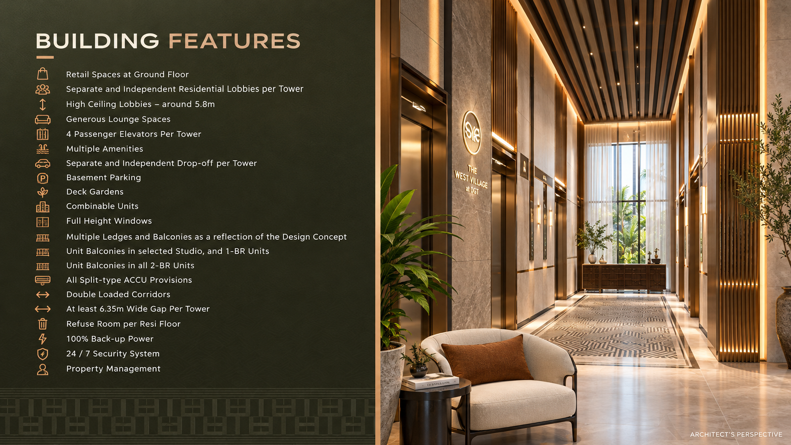 Building features — Lobby and tower systems. Architect's perspective, The West Village at DGT