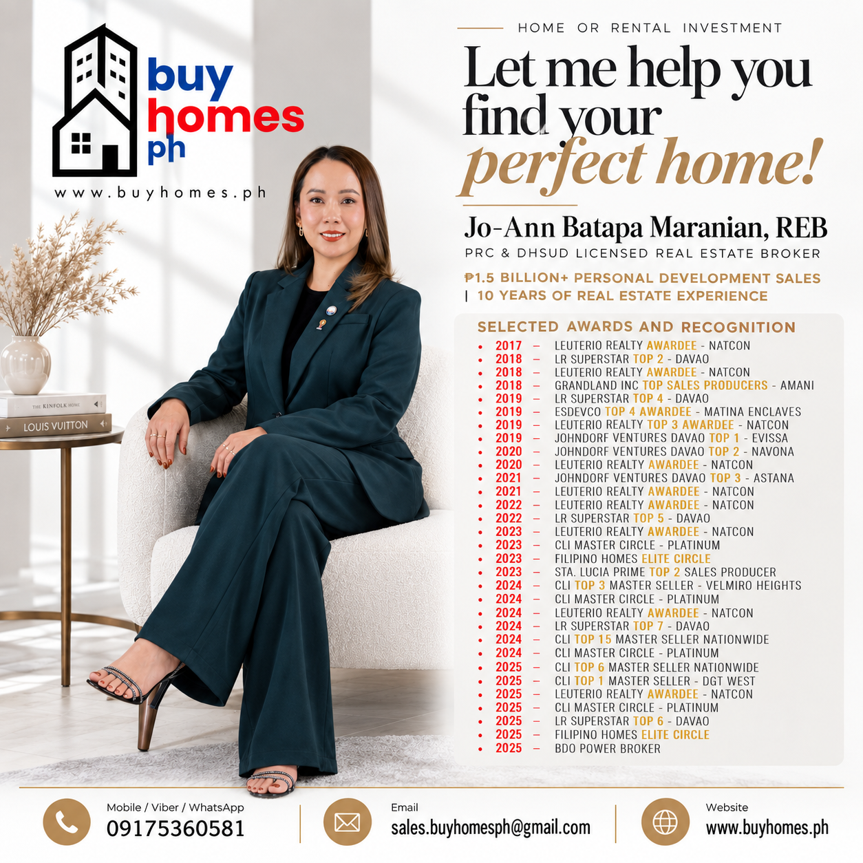 Jo-Ann Batapa Maranian, REB — PRC & DHSUD licensed real estate broker, with selected awards and contact details