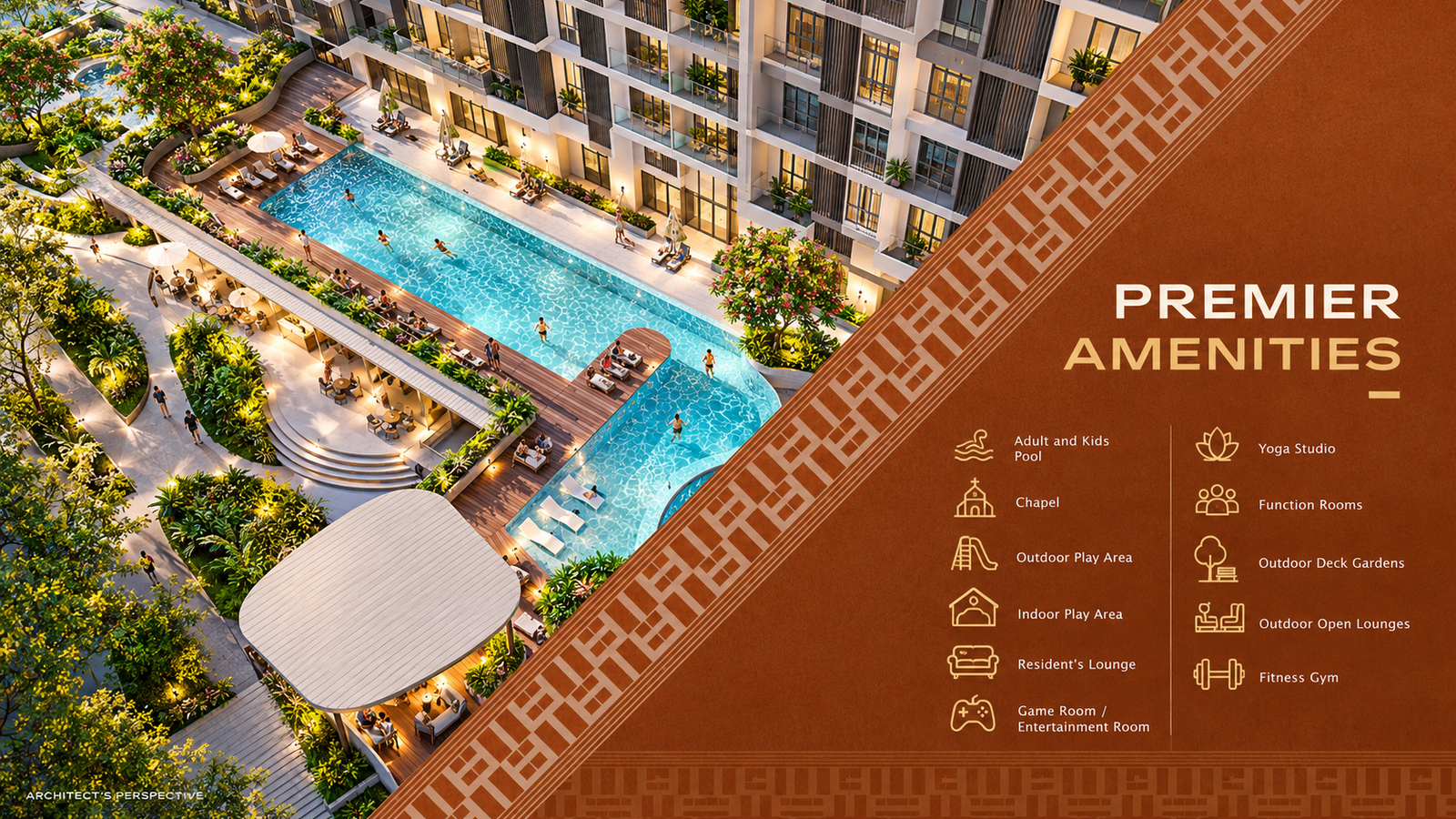 Architect's perspective of the pool deck with the list of premier amenities at The West Village at DGT