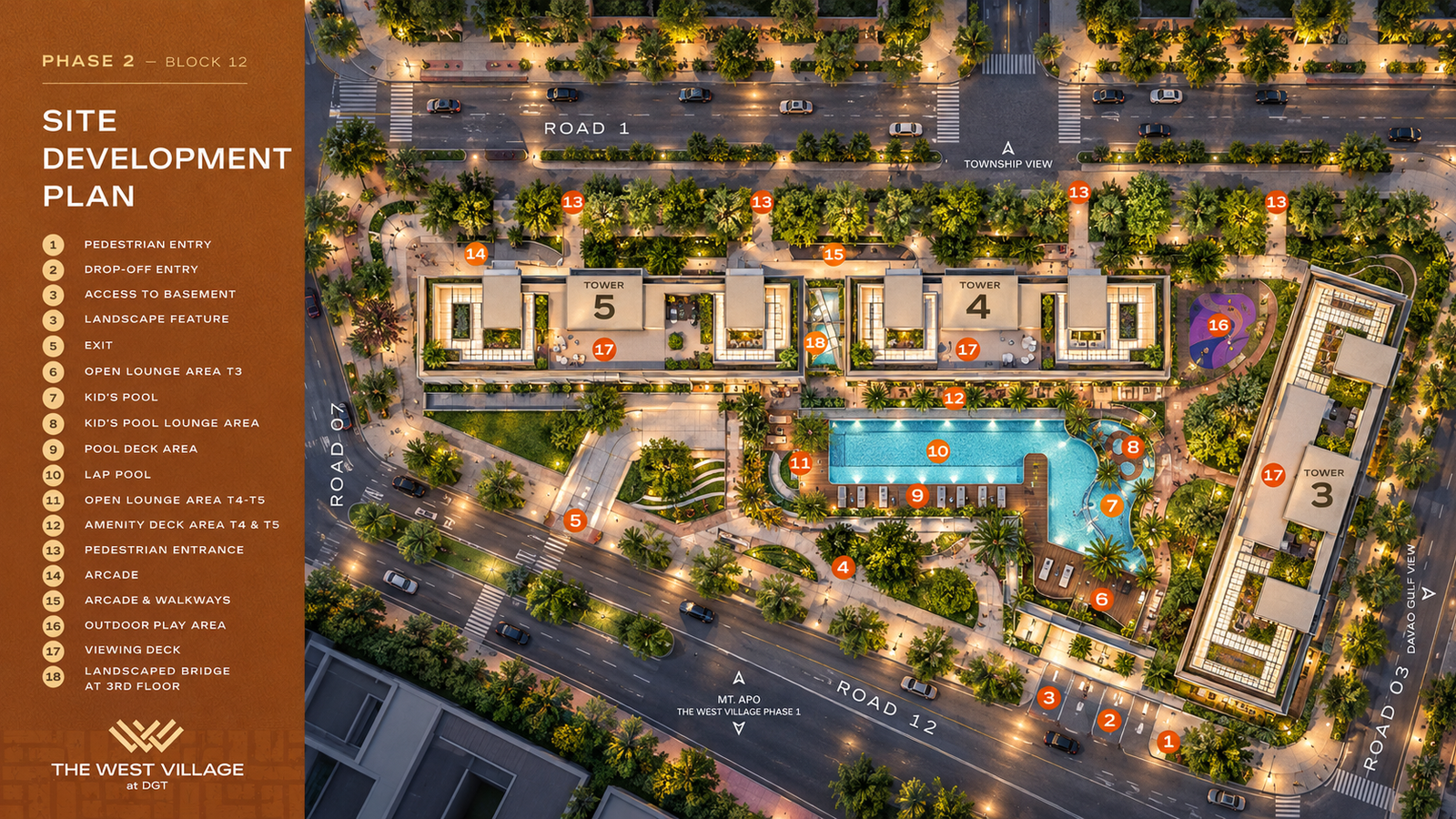 Site development plan of The West Village at DGT Phase 2, Block 12, showing Towers 3, 4 and 5, pool deck, and amenity areas