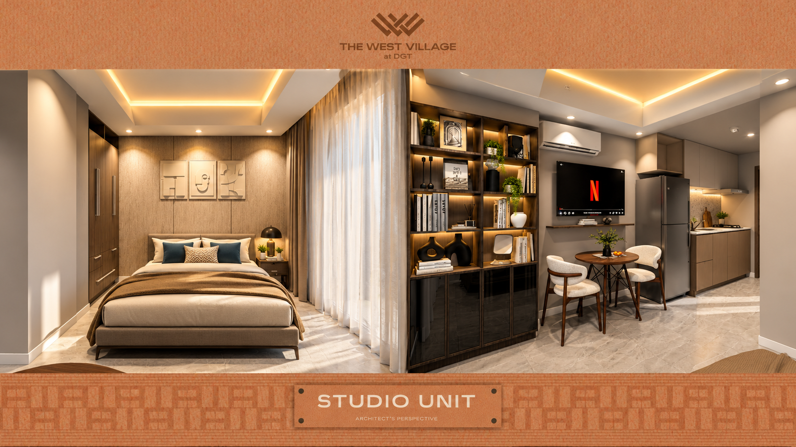 Studio unit — Bedroom and living perspective. Architect's perspective, The West Village at DGT