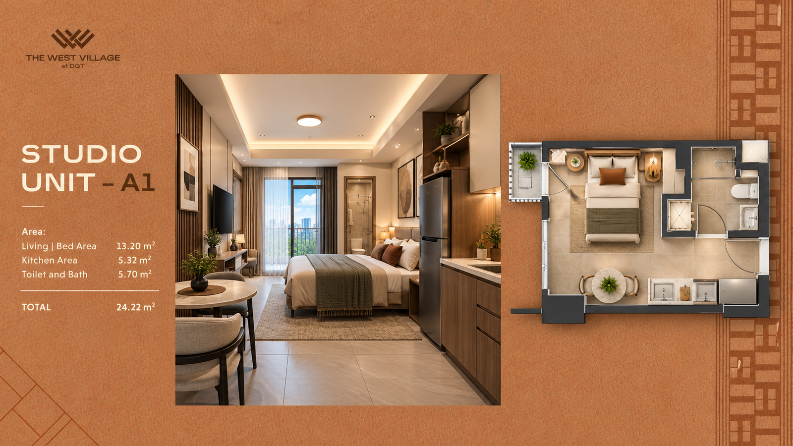 Studio unit — A1 — Floor plan and unit areas. Architect's perspective, The West Village at DGT