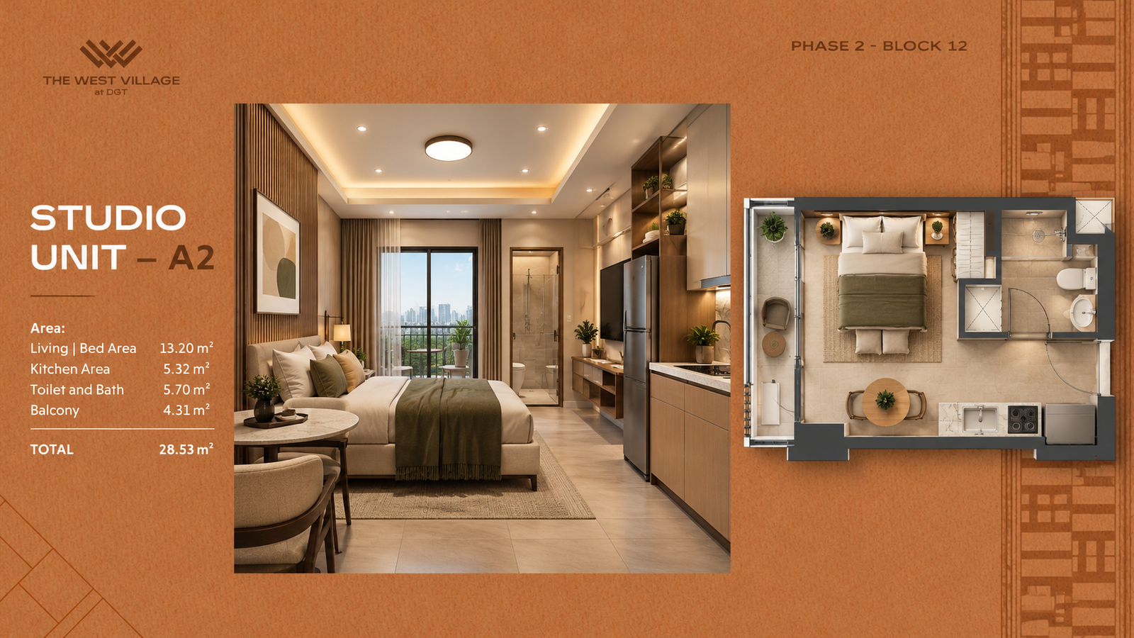 Studio unit — A2 — Floor plan and unit areas. Architect's perspective, The West Village at DGT