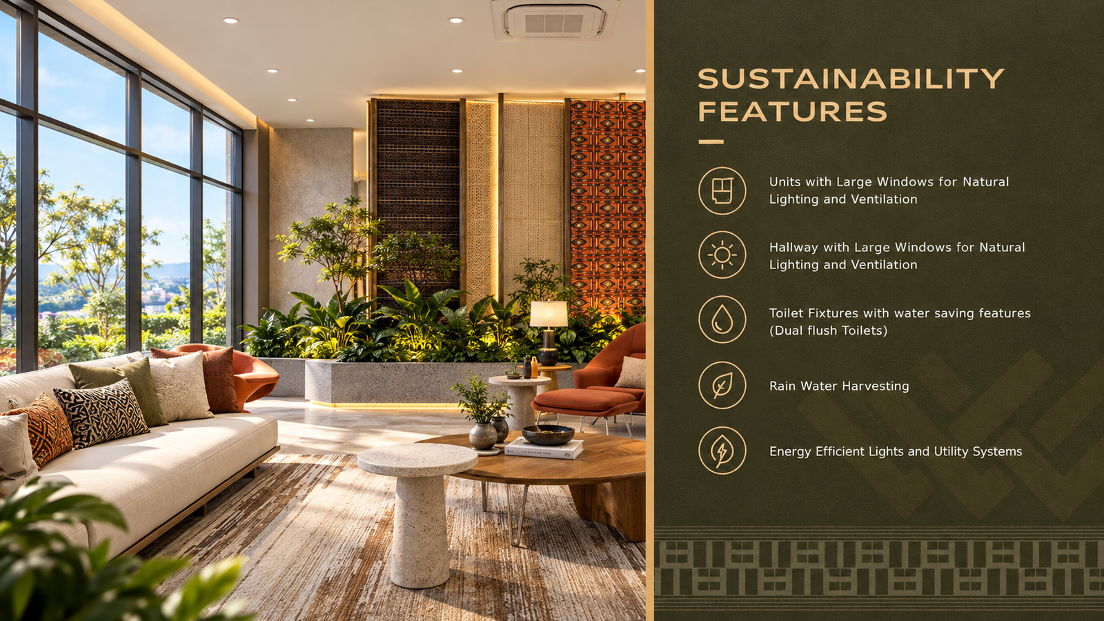 Sustainability features — Natural light, ventilation, and water recycling. Architect's perspective, The West Village at DGT