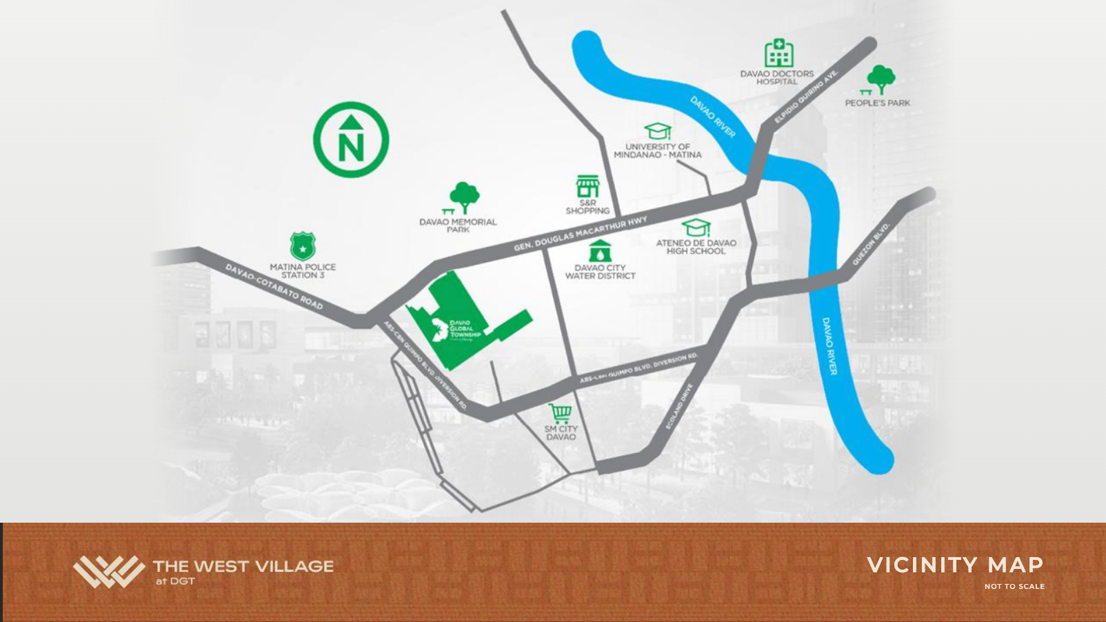 Vicinity map of Davao Global Township along Gen. Douglas MacArthur Highway, Matina, Davao City, showing nearby landmarks